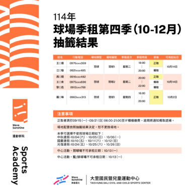 【公告】114年第四季球場季租抽籤結果