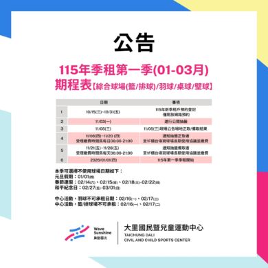 【公告】【公告】115年第一季(1-3月)球場租借期程表